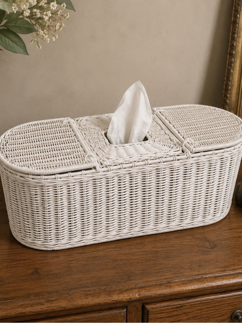 Vintage White Wicker Rattan 3 part Tissue basket 19”